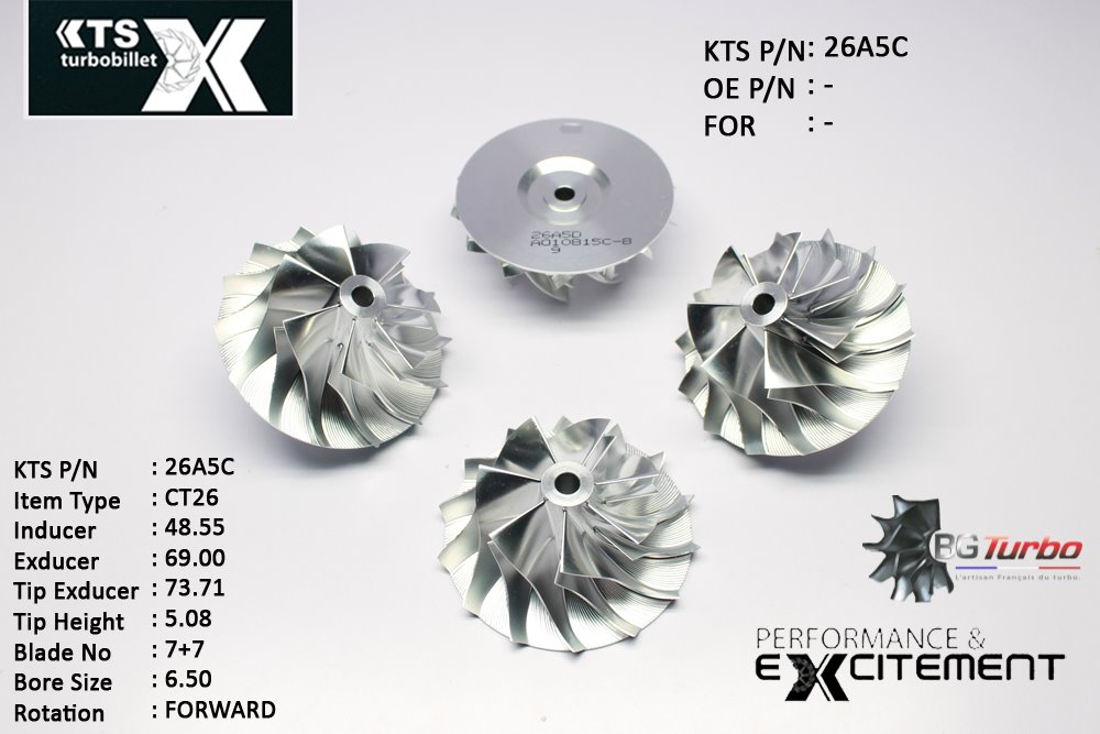 Turbo ROUE FORGÉE MFS PERFORMANCE - 7+7 PALES - INDUCER : 48,55 - EXDUCER : 69 - TYPE : CT26ANGLE : 60° - ROTATION : Forward - SUPER BACK : -1,37 - BORE SIZE : 6,5
